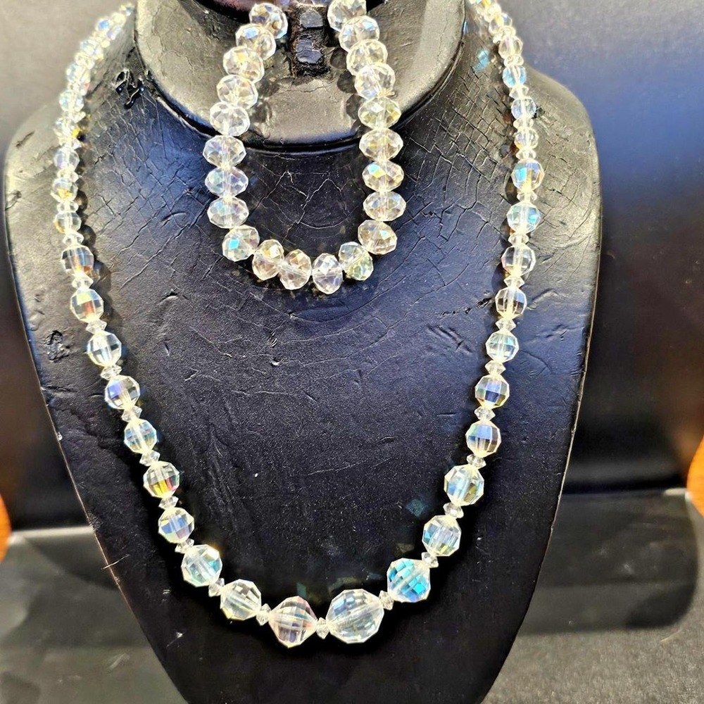 Vintage Aurora Borealis AB Crystal Glass Bead Necklace Bracelet Set 1950s Retro